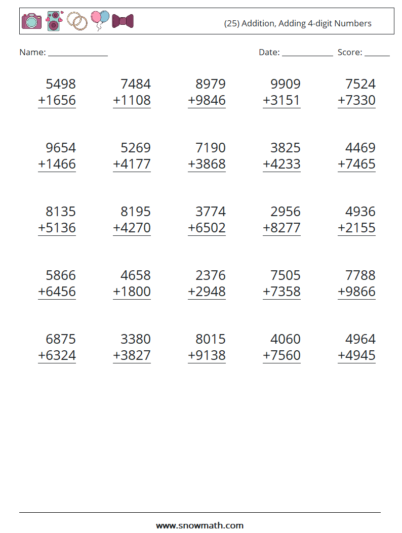 (25) Addition, Adding 4-digit Numbers Maths Worksheets 5