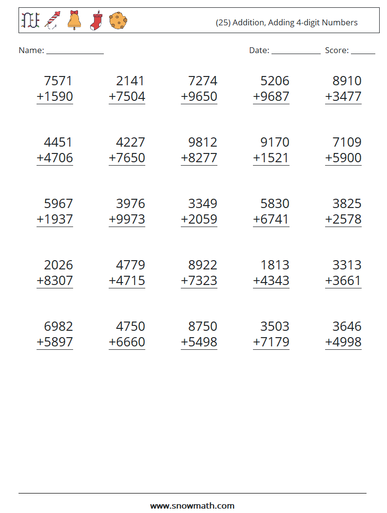 (25) Addition, Adding 4-digit Numbers Maths Worksheets 6