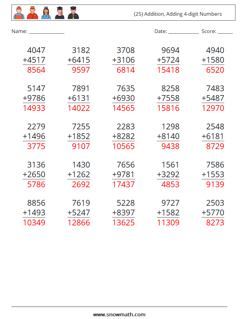 (25) Addition, Adding 4-digit Numbers Maths Worksheets 7 Question, Answer