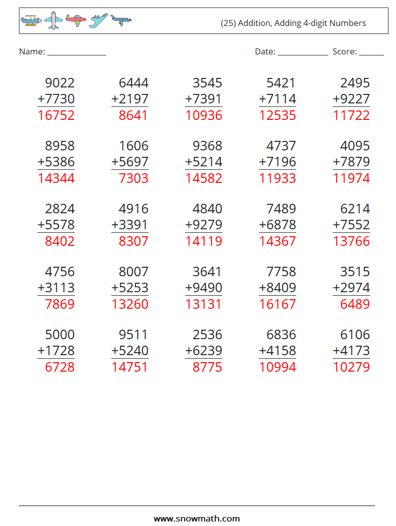 (25) Addition, Adding 4-digit Numbers Maths Worksheets 8 Question, Answer
