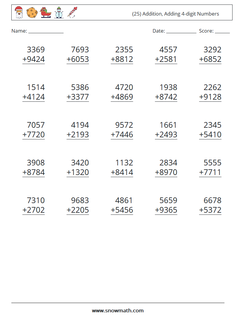 (25) Addition, Adding 4-digit Numbers Maths Worksheets 9