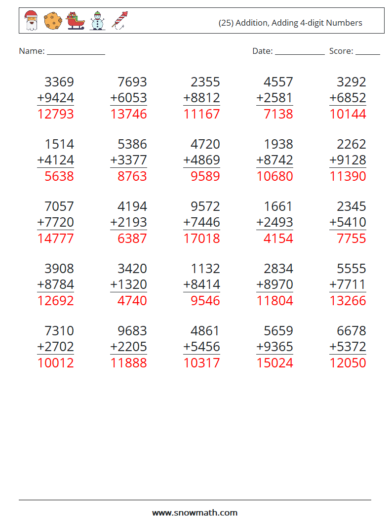 (25) Addition, Adding 4-digit Numbers Maths Worksheets 9 Question, Answer