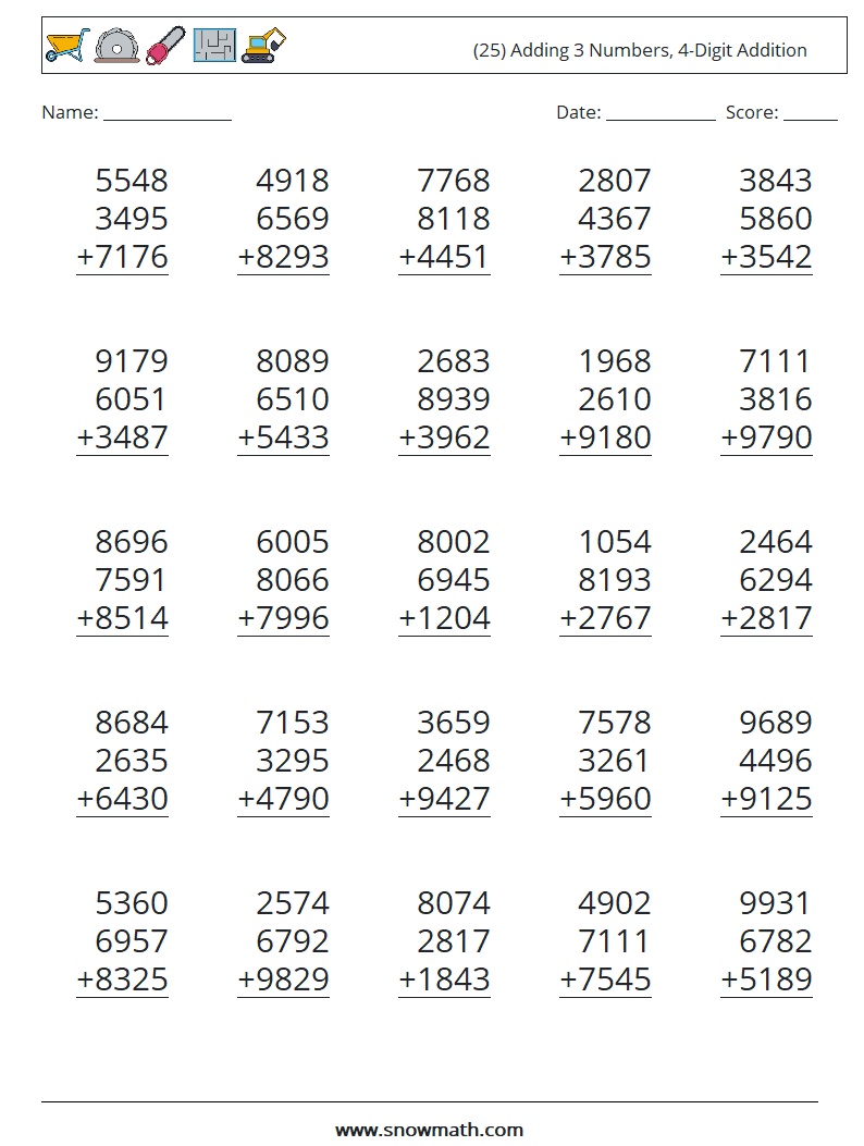 (25) Adding 3 Numbers, 4-Digit Addition Maths Worksheets 1