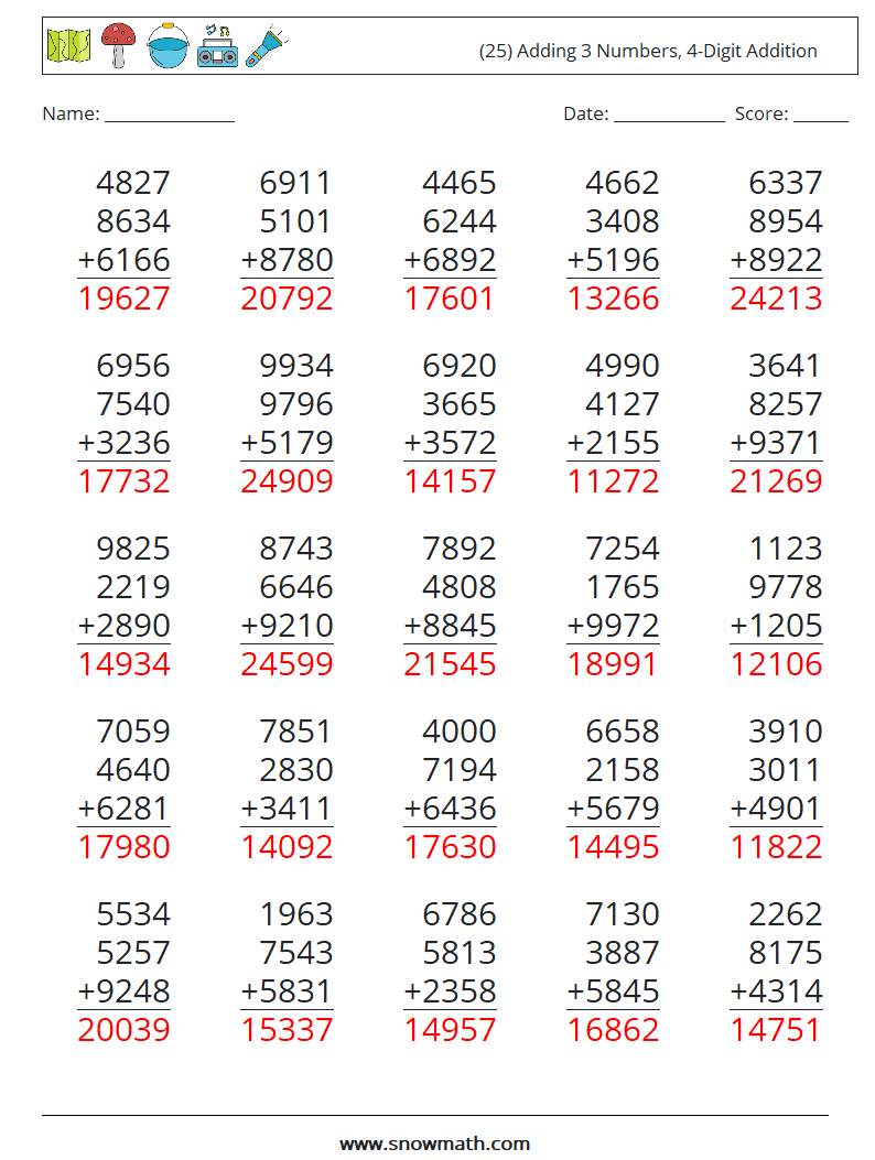 (25) Adding 3 Numbers, 4-Digit Addition Maths Worksheets 10 Question, Answer