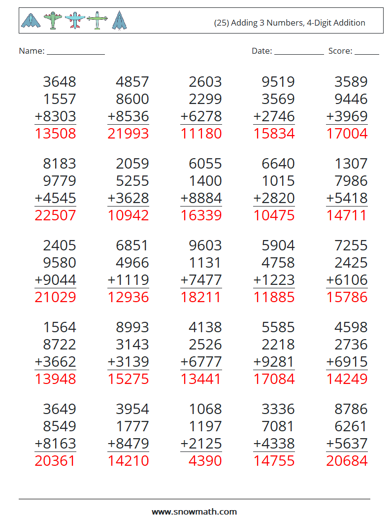 (25) Adding 3 Numbers, 4-Digit Addition Maths Worksheets 12 Question, Answer