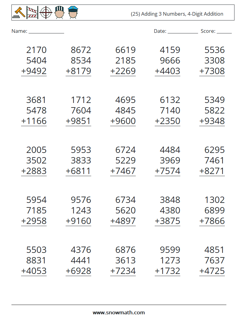 (25) Adding 3 Numbers, 4-Digit Addition Maths Worksheets 13