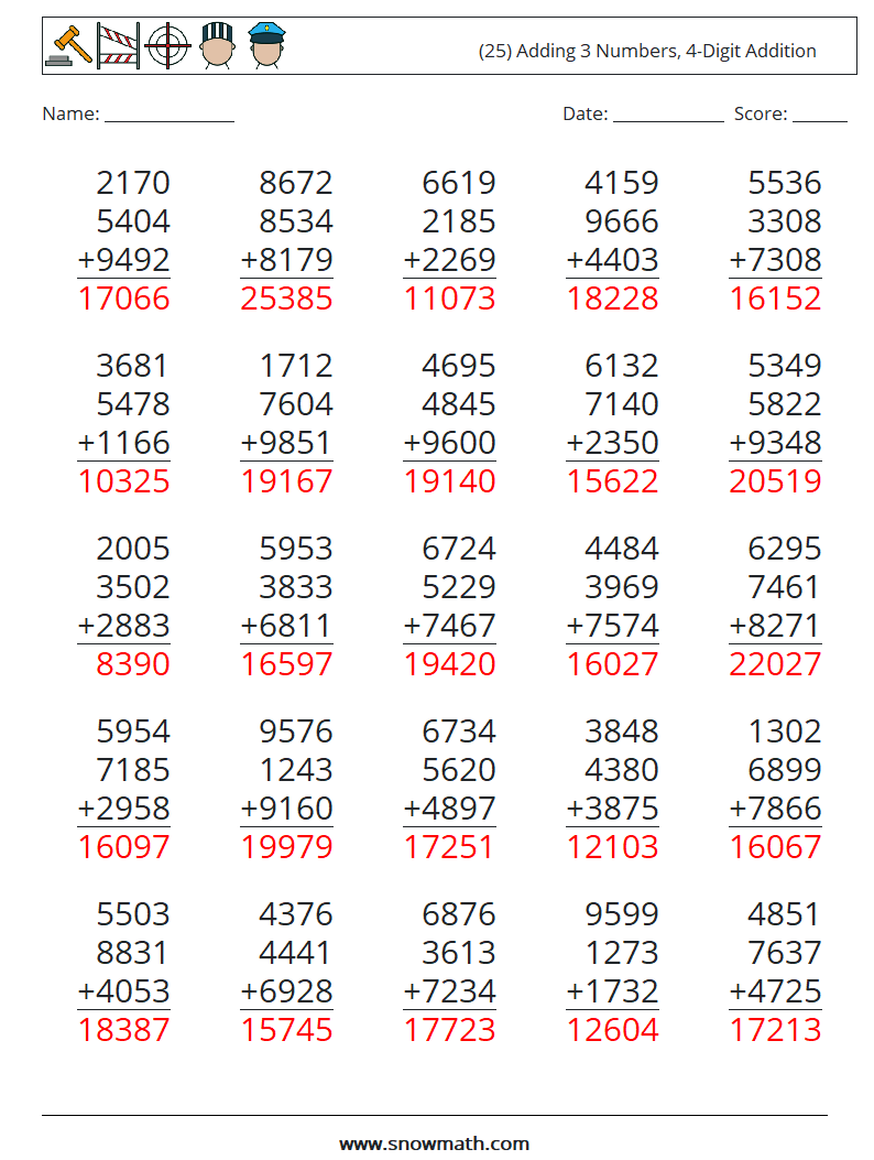 (25) Adding 3 Numbers, 4-Digit Addition Maths Worksheets 13 Question, Answer
