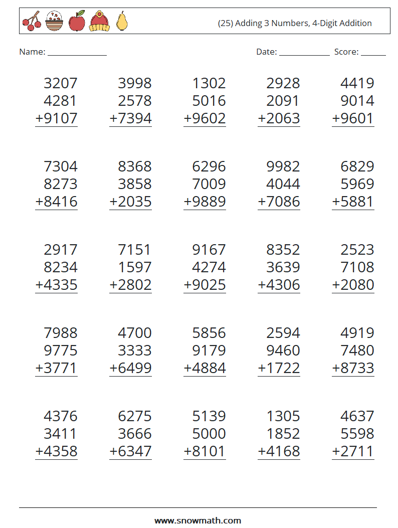 (25) Adding 3 Numbers, 4-Digit Addition Maths Worksheets 14