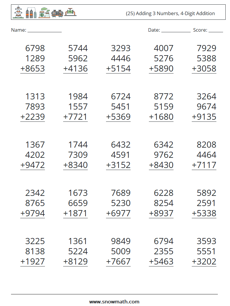 (25) Adding 3 Numbers, 4-Digit Addition Maths Worksheets 15