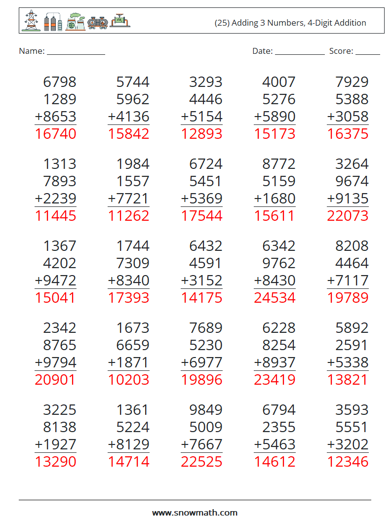 (25) Adding 3 Numbers, 4-Digit Addition Maths Worksheets 15 Question, Answer