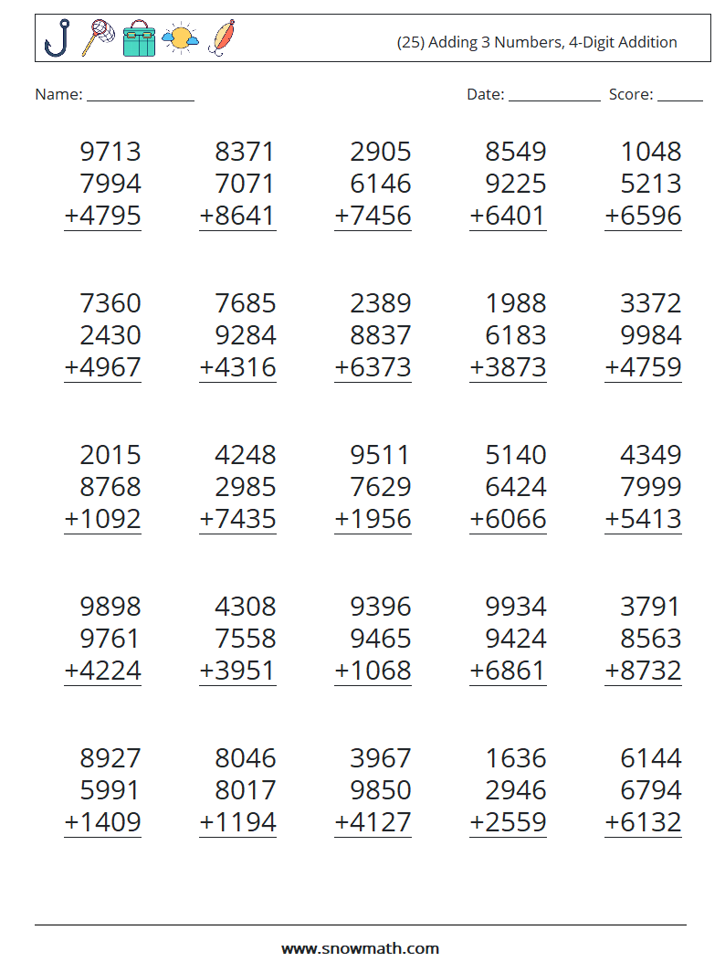 (25) Adding 3 Numbers, 4-Digit Addition Maths Worksheets 16