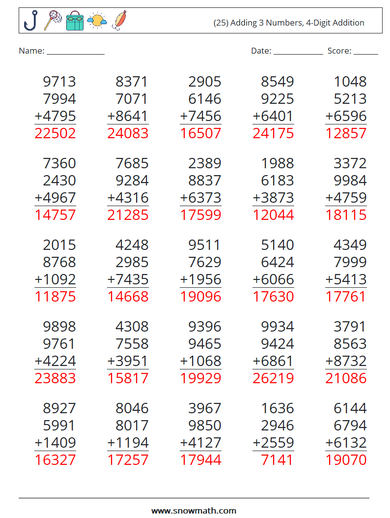 (25) Adding 3 Numbers, 4-Digit Addition Maths Worksheets 16 Question, Answer