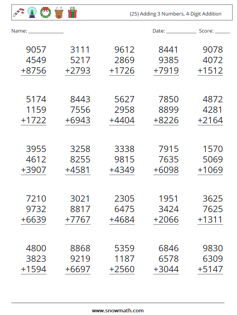 (25) Adding 3 Numbers, 4-Digit Addition Maths Worksheets 17