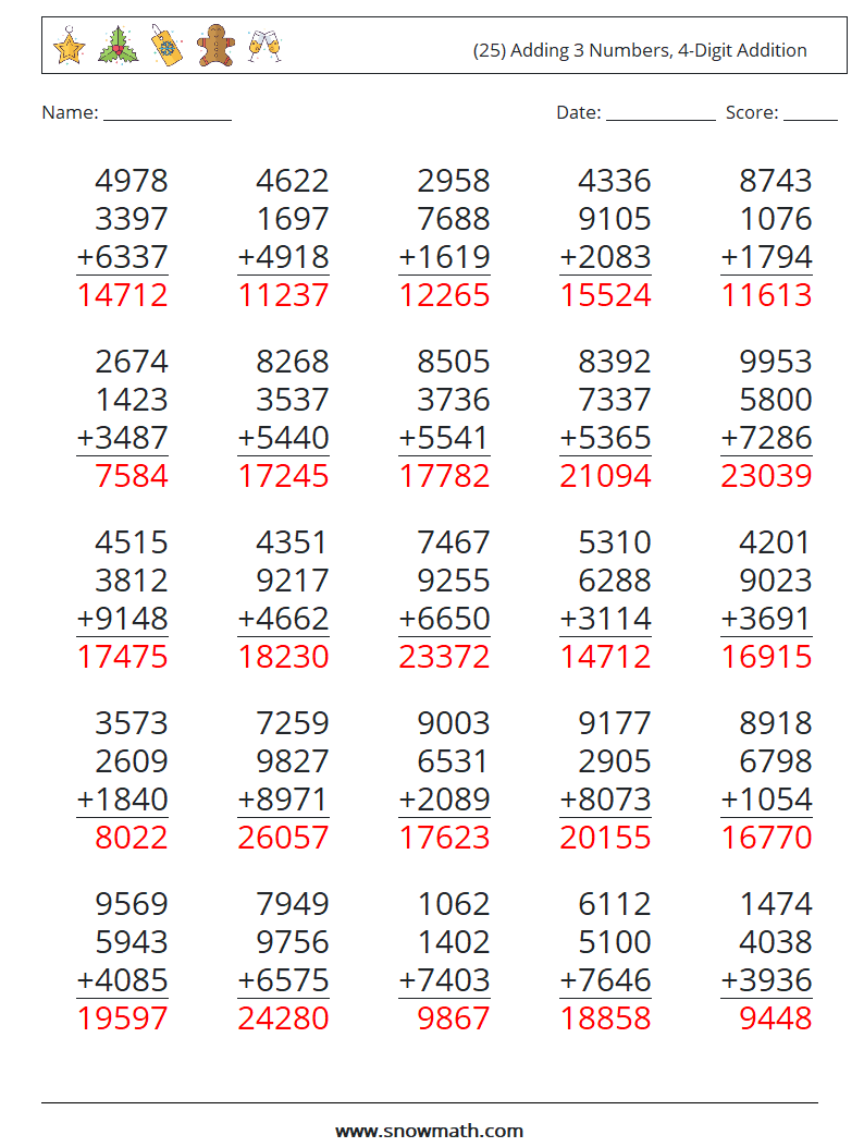 (25) Adding 3 Numbers, 4-Digit Addition Maths Worksheets 18 Question, Answer