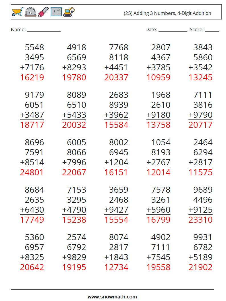 (25) Adding 3 Numbers, 4-Digit Addition Maths Worksheets 1 Question, Answer