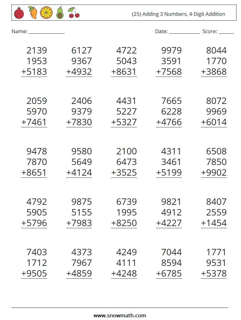 (25) Adding 3 Numbers, 4-Digit Addition Maths Worksheets 2