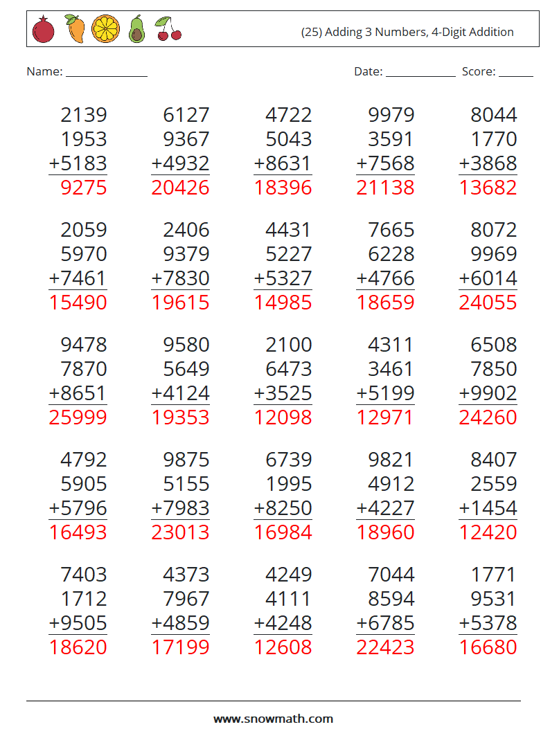 (25) Adding 3 Numbers, 4-Digit Addition Maths Worksheets 2 Question, Answer