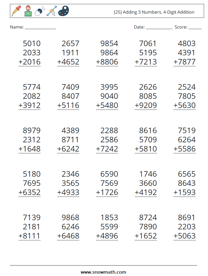 (25) Adding 3 Numbers, 4-Digit Addition Maths Worksheets 3