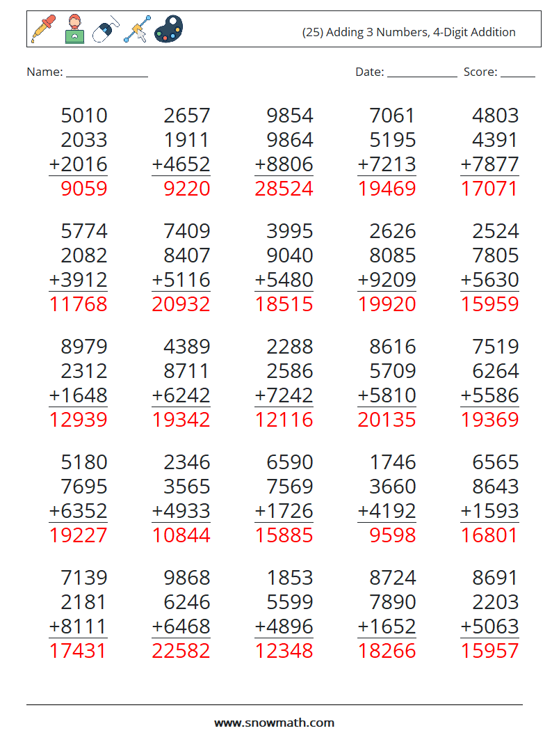 (25) Adding 3 Numbers, 4-Digit Addition Maths Worksheets 3 Question, Answer