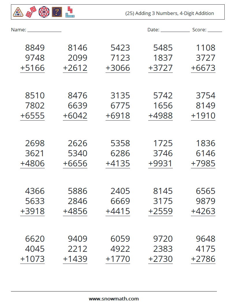 (25) Adding 3 Numbers, 4-Digit Addition Maths Worksheets 4