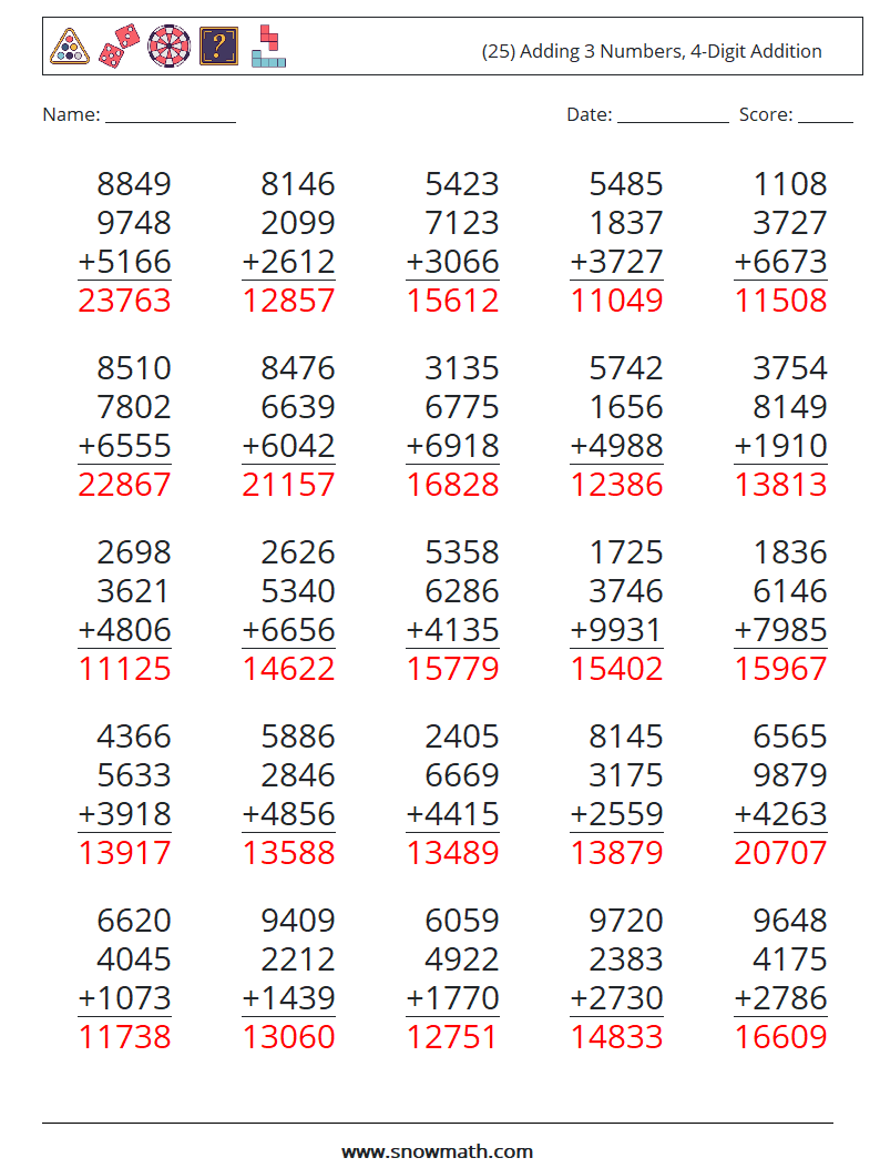 (25) Adding 3 Numbers, 4-Digit Addition Maths Worksheets 4 Question, Answer