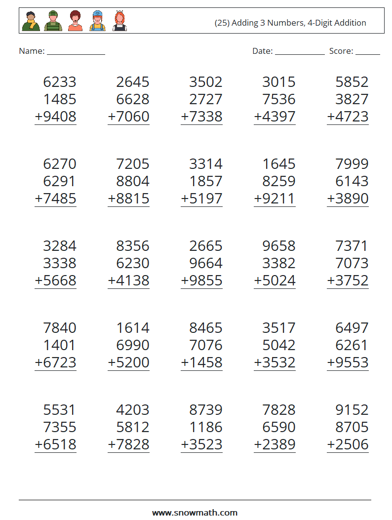 (25) Adding 3 Numbers, 4-Digit Addition Maths Worksheets 5