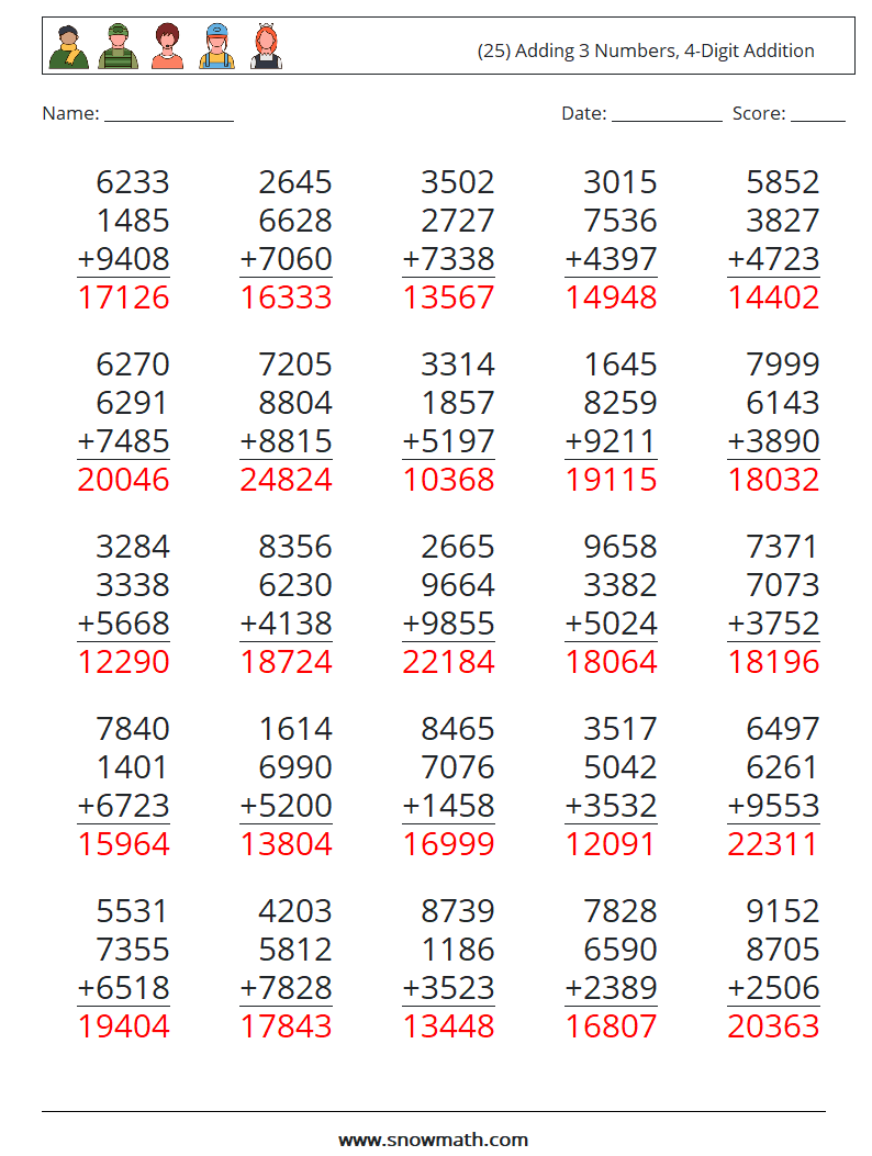 (25) Adding 3 Numbers, 4-Digit Addition Maths Worksheets 5 Question, Answer