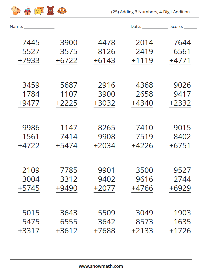 (25) Adding 3 Numbers, 4-Digit Addition Maths Worksheets 6