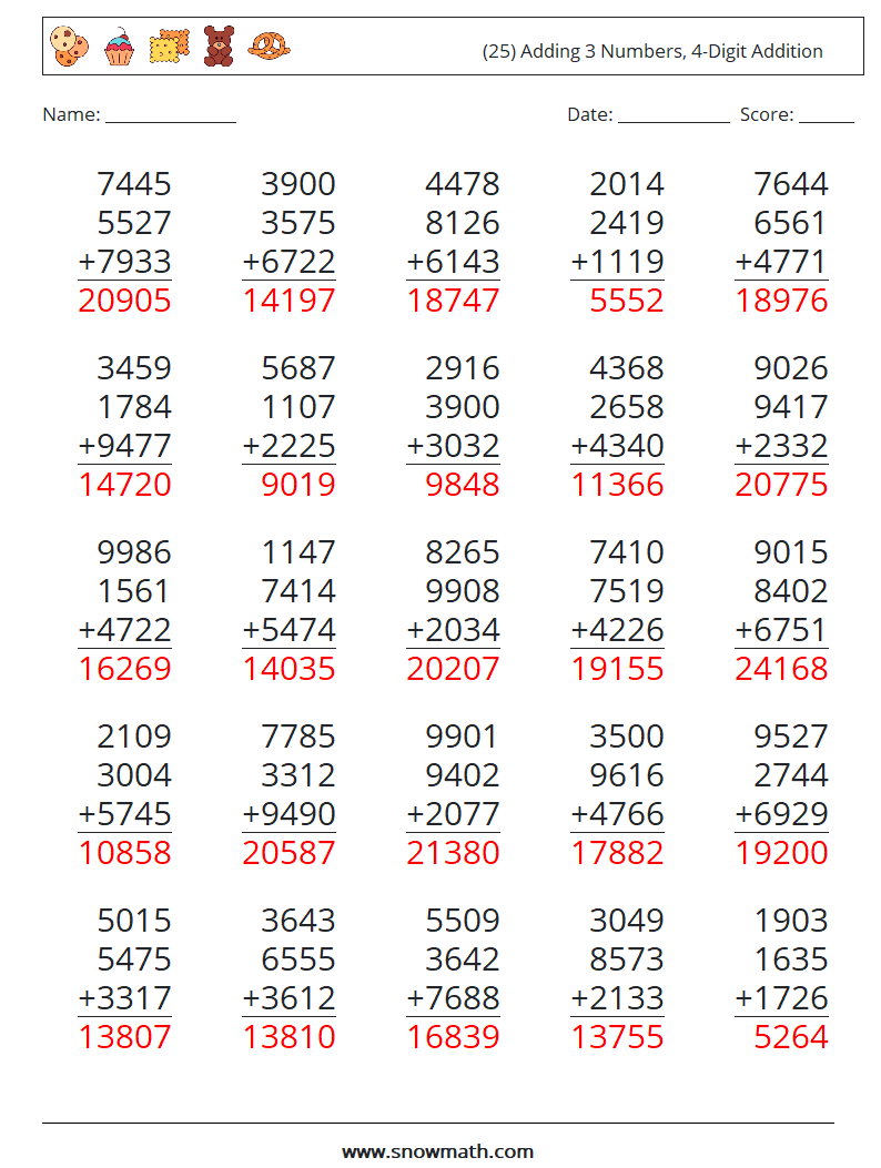 (25) Adding 3 Numbers, 4-Digit Addition Maths Worksheets 6 Question, Answer