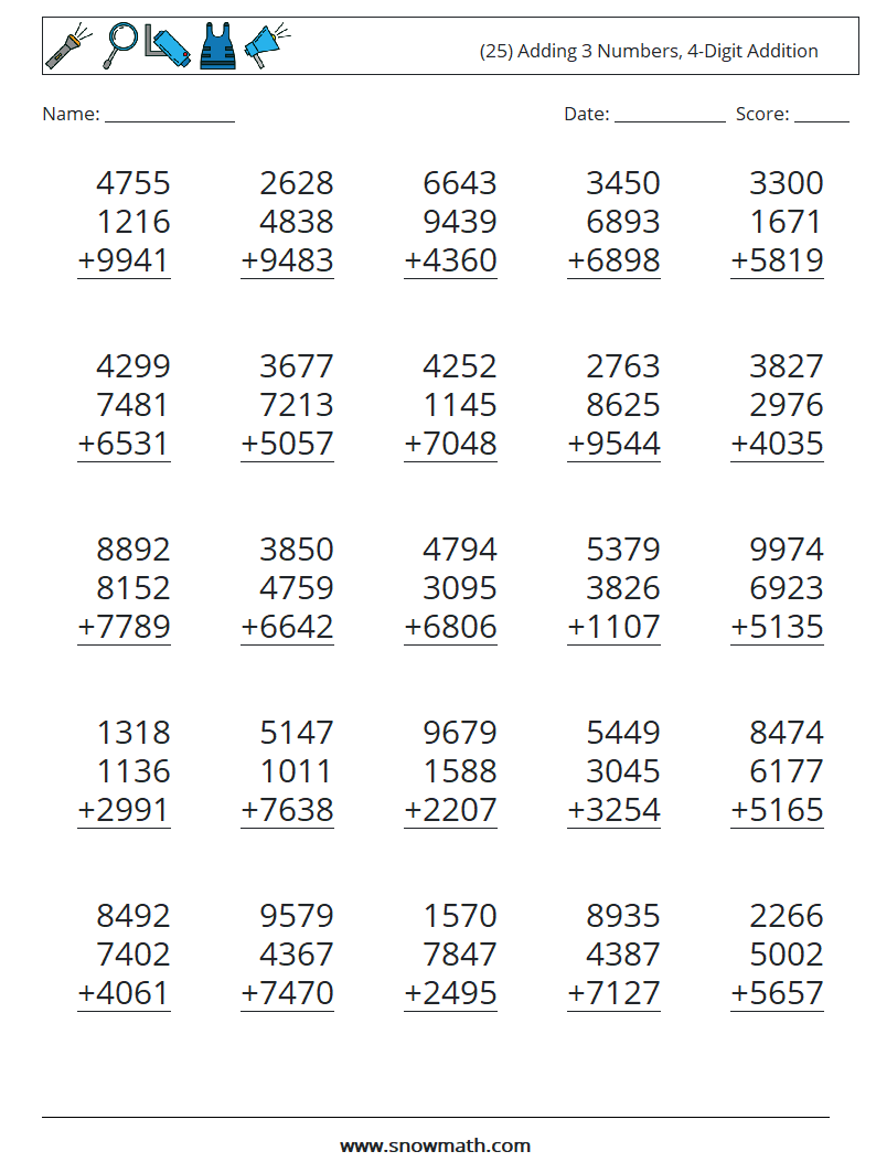 (25) Adding 3 Numbers, 4-Digit Addition Maths Worksheets 7