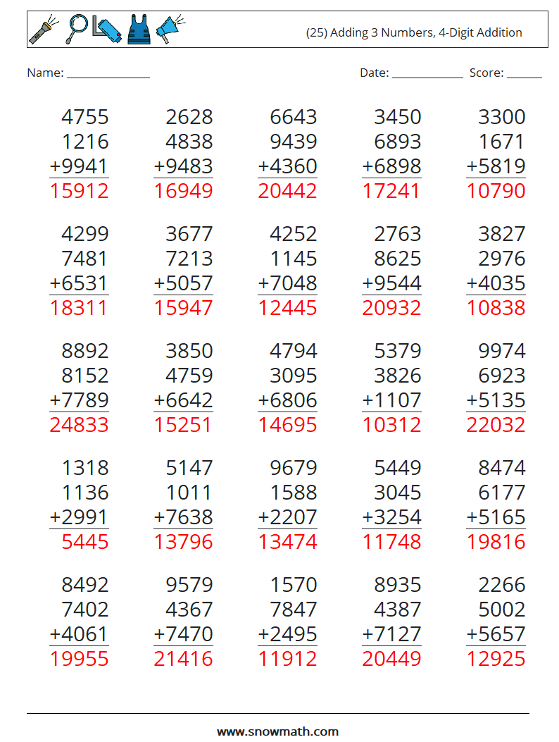 (25) Adding 3 Numbers, 4-Digit Addition Maths Worksheets 7 Question, Answer