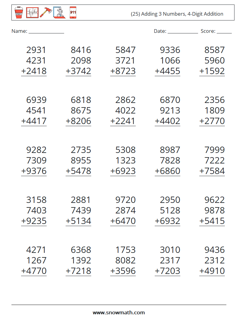 (25) Adding 3 Numbers, 4-Digit Addition Maths Worksheets 8