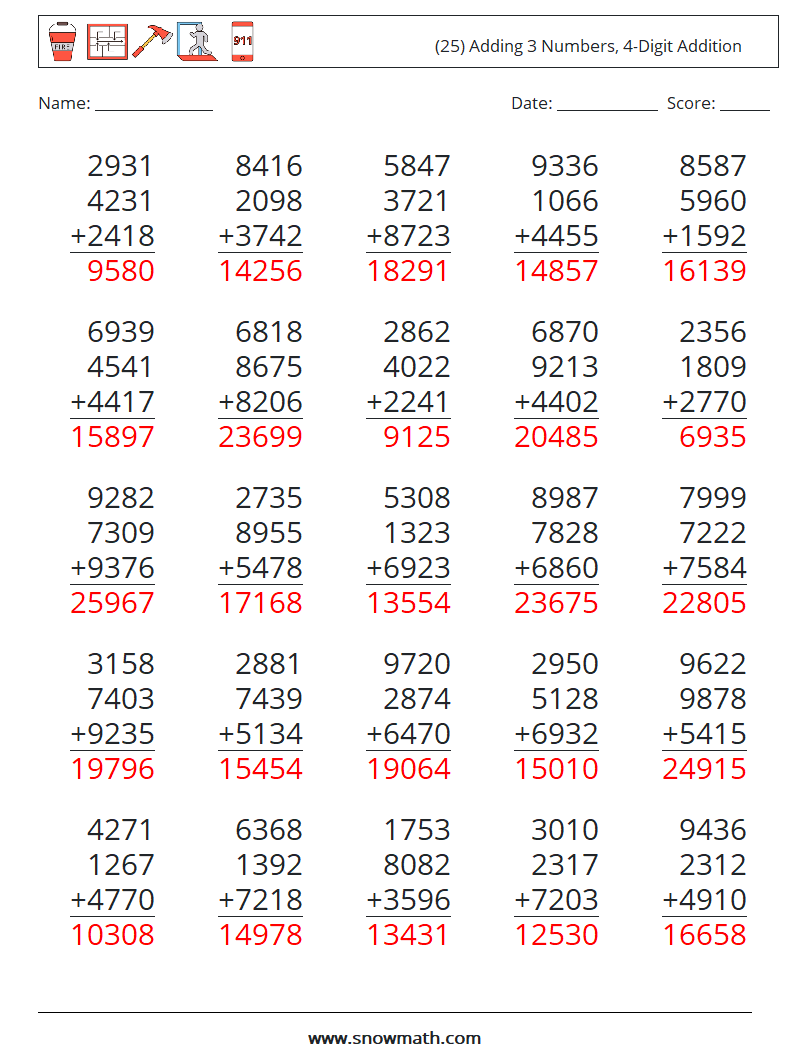 (25) Adding 3 Numbers, 4-Digit Addition Maths Worksheets 8 Question, Answer