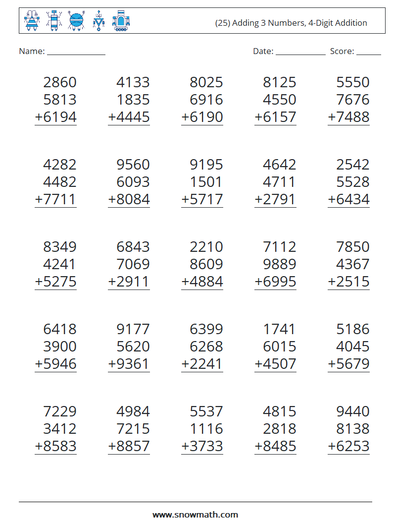 (25) Adding 3 Numbers, 4-Digit Addition Maths Worksheets 9