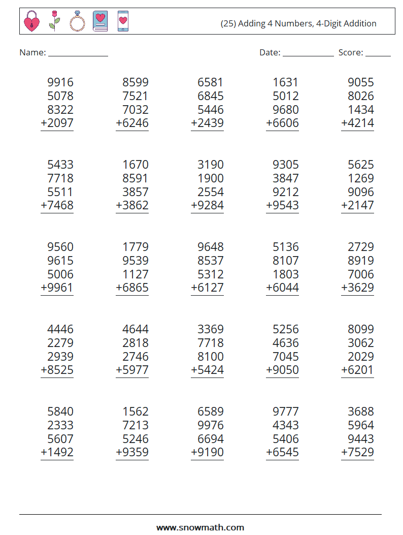 (25) Adding 4 Numbers, 4-Digit Addition Maths Worksheets 1