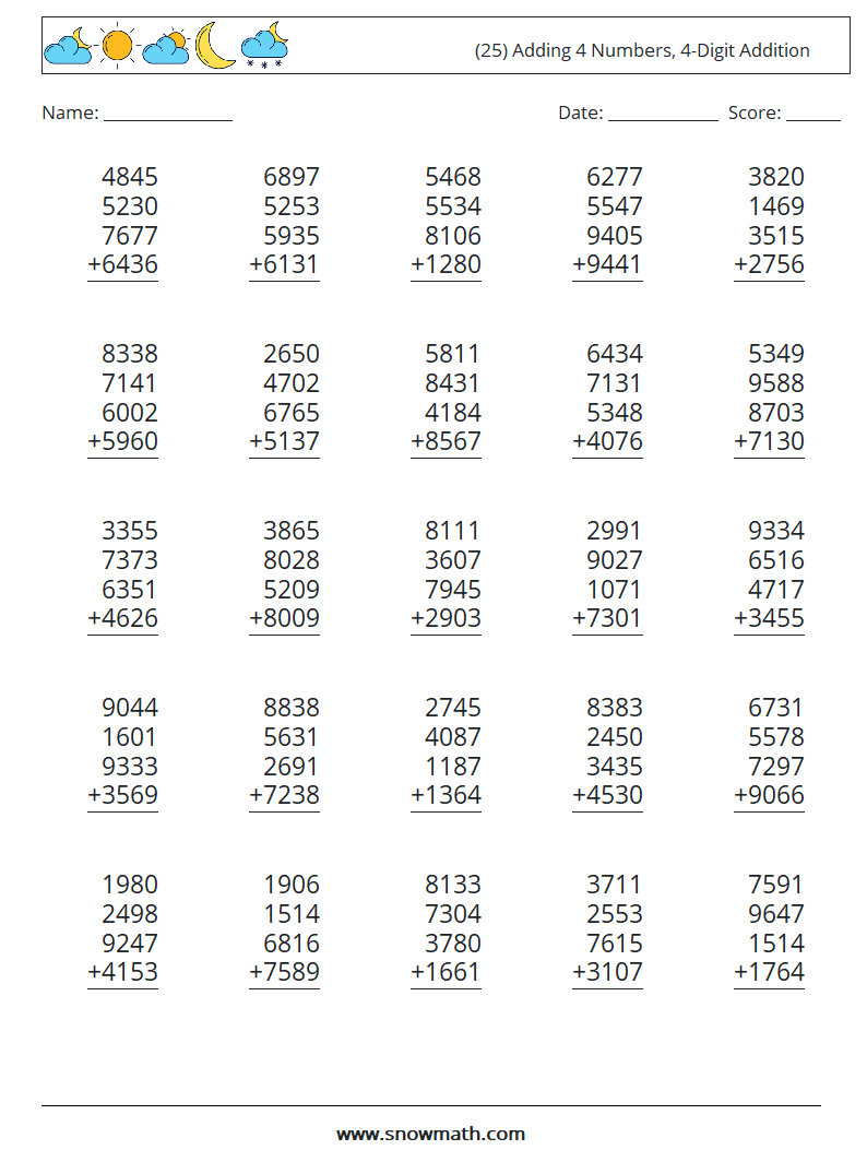 (25) Adding 4 Numbers, 4-Digit Addition Maths Worksheets 12