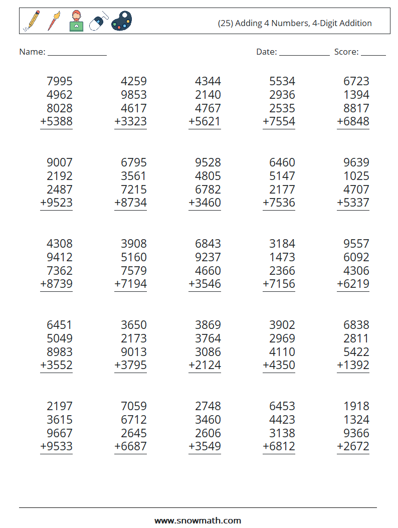 (25) Adding 4 Numbers, 4-Digit Addition Maths Worksheets 15