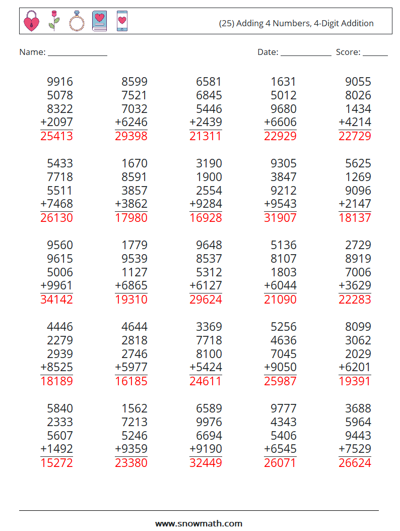 (25) Adding 4 Numbers, 4-Digit Addition Maths Worksheets 1 Question, Answer