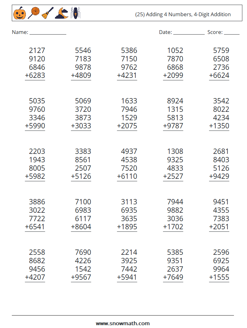 (25) Adding 4 Numbers, 4-Digit Addition Maths Worksheets 2