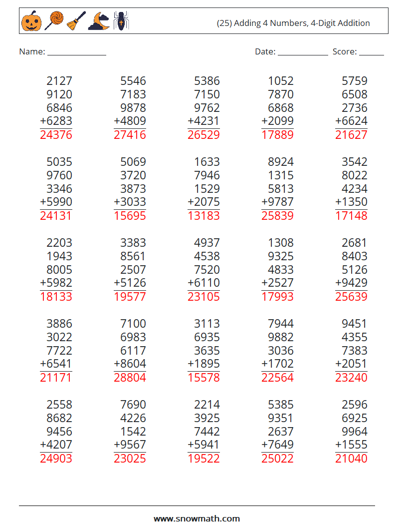 (25) Adding 4 Numbers, 4-Digit Addition Maths Worksheets 2 Question, Answer