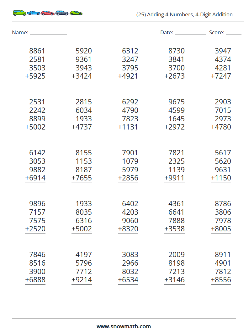 (25) Adding 4 Numbers, 4-Digit Addition Maths Worksheets 4