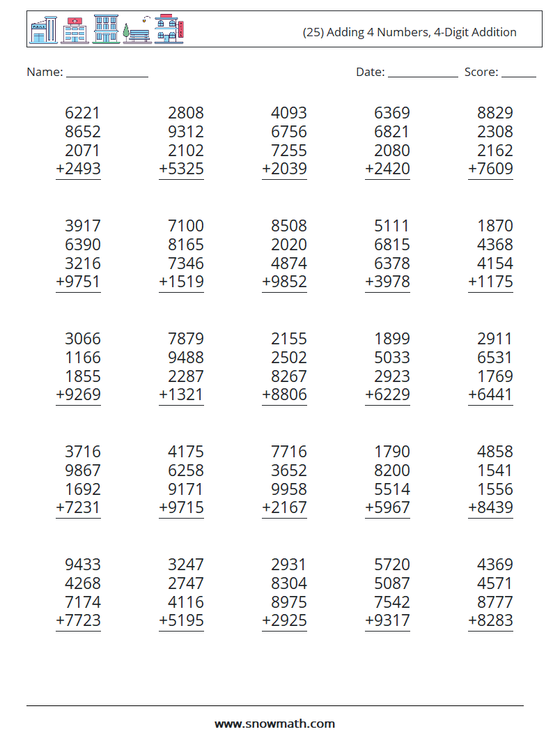 (25) Adding 4 Numbers, 4-Digit Addition Maths Worksheets 5