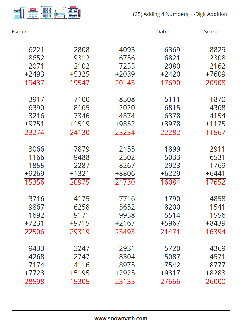 (25) Adding 4 Numbers, 4-Digit Addition Maths Worksheets 5 Question, Answer