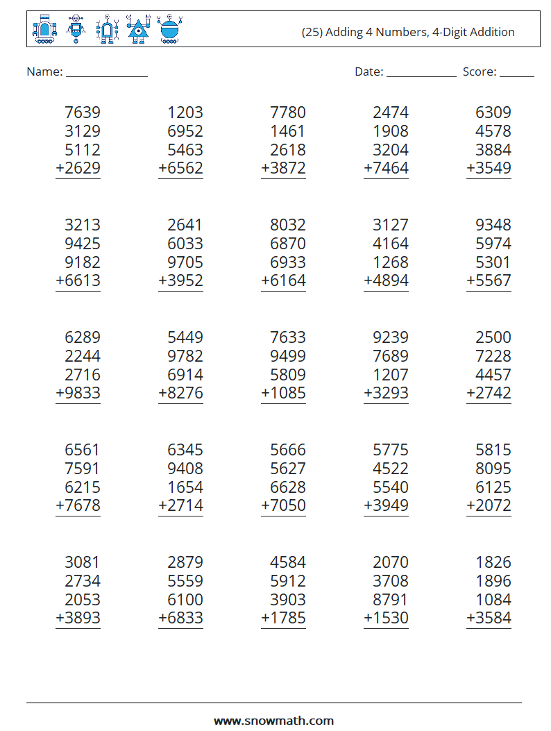 (25) Adding 4 Numbers, 4-Digit Addition Maths Worksheets 6