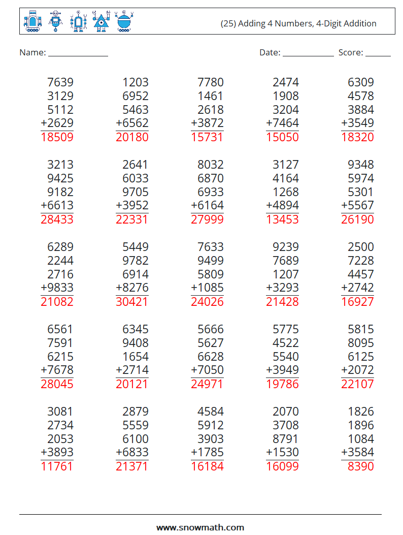 (25) Adding 4 Numbers, 4-Digit Addition Maths Worksheets 6 Question, Answer