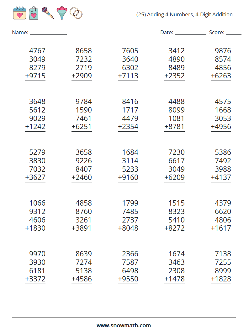 (25) Adding 4 Numbers, 4-Digit Addition Maths Worksheets 7