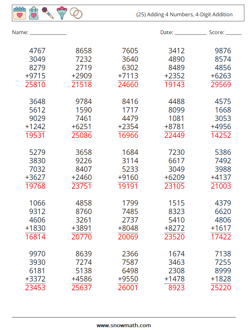 (25) Adding 4 Numbers, 4-Digit Addition Maths Worksheets 7 Question, Answer