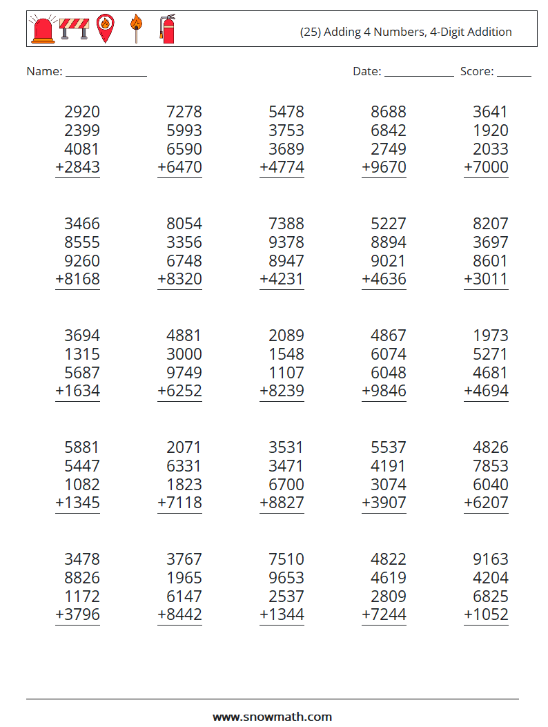 (25) Adding 4 Numbers, 4-Digit Addition Maths Worksheets 8