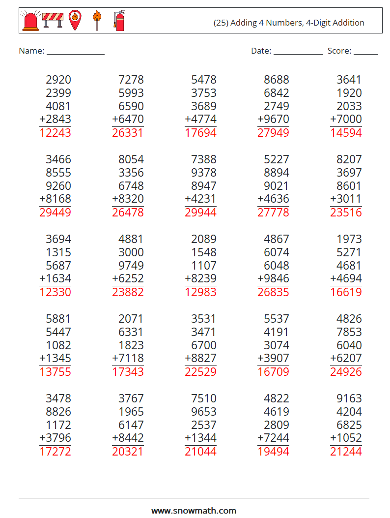 (25) Adding 4 Numbers, 4-Digit Addition Maths Worksheets 8 Question, Answer