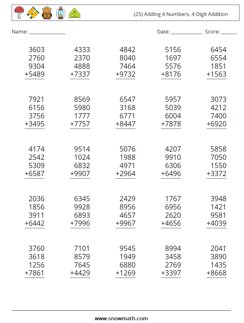 (25) Adding 4 Numbers, 4-Digit Addition Maths Worksheets 9